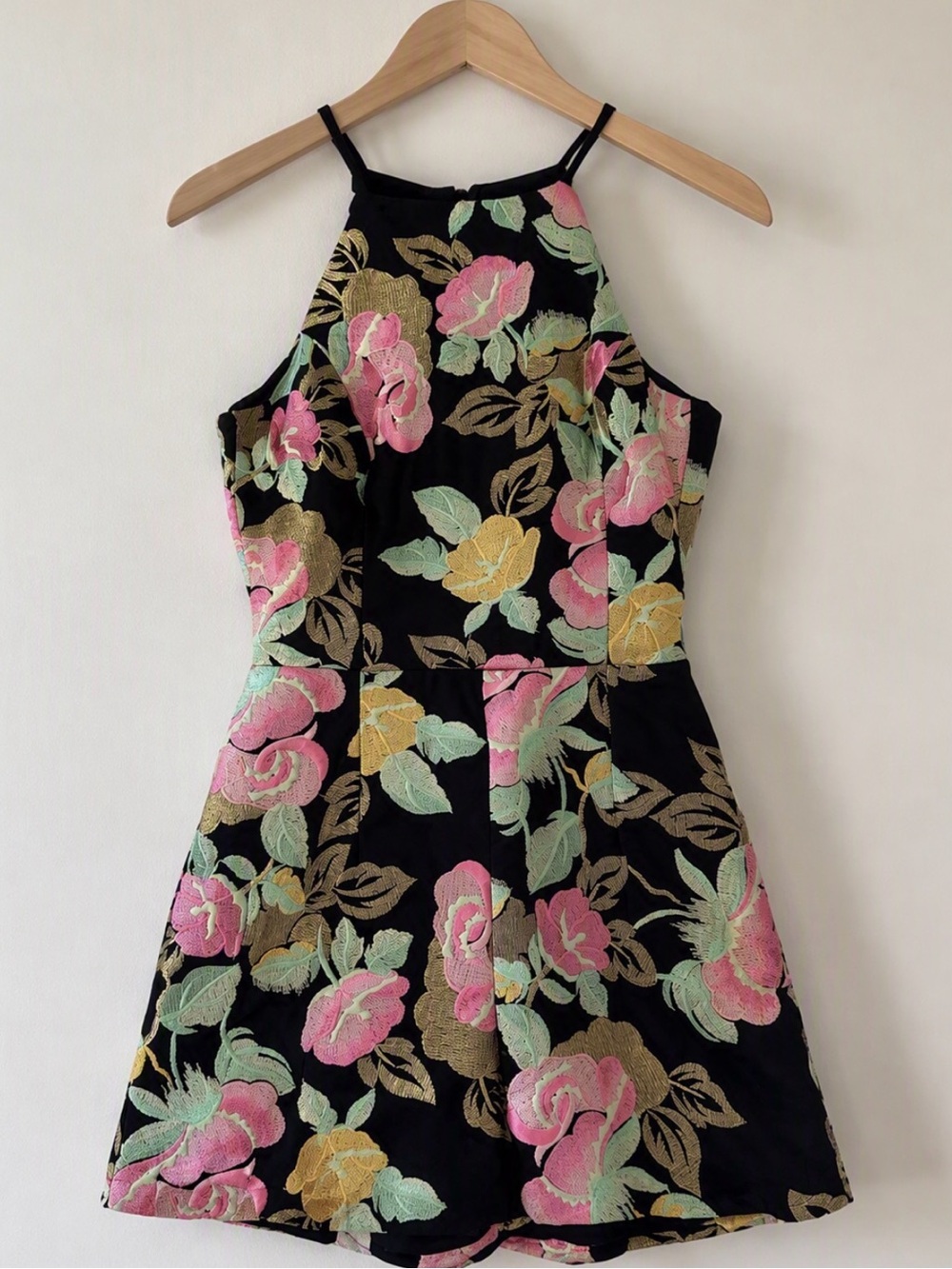 Dress the Population Floral Embroidered Romper Black Pink Size XS